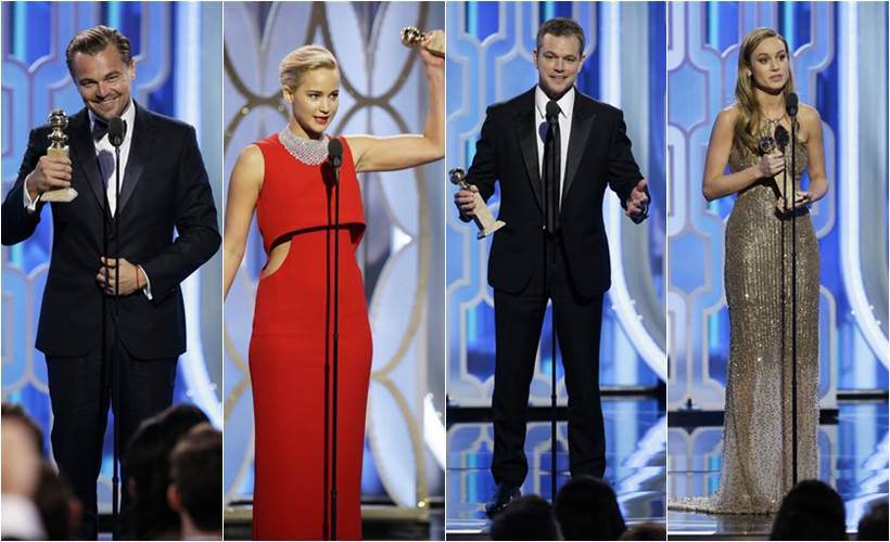 Laureados com os prêmios de Melhor Ator e Atriz em Drama e Comédia: Leonardo Di Caprio, Jennifer Lawrence, Matt Damon e Brie Larson